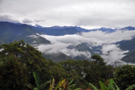Coroico view from the hotel with fresh snow on Cordillera Real S